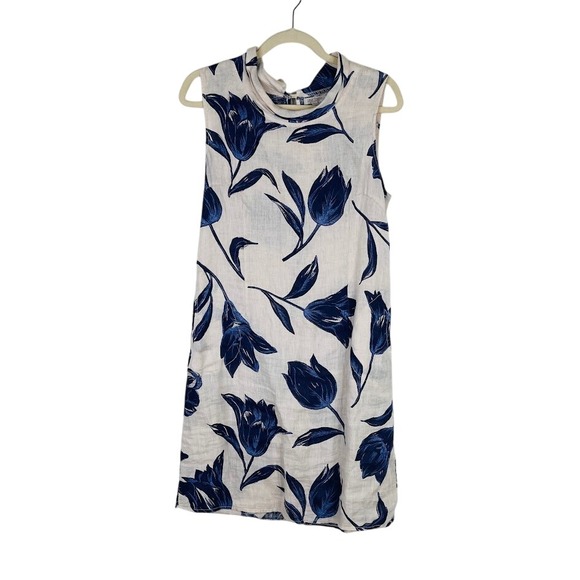 Lina Tomei Womens Linen Floral Print Mini Shift Dress Lagenlook Pockets Size S - Picture 1 of 13
